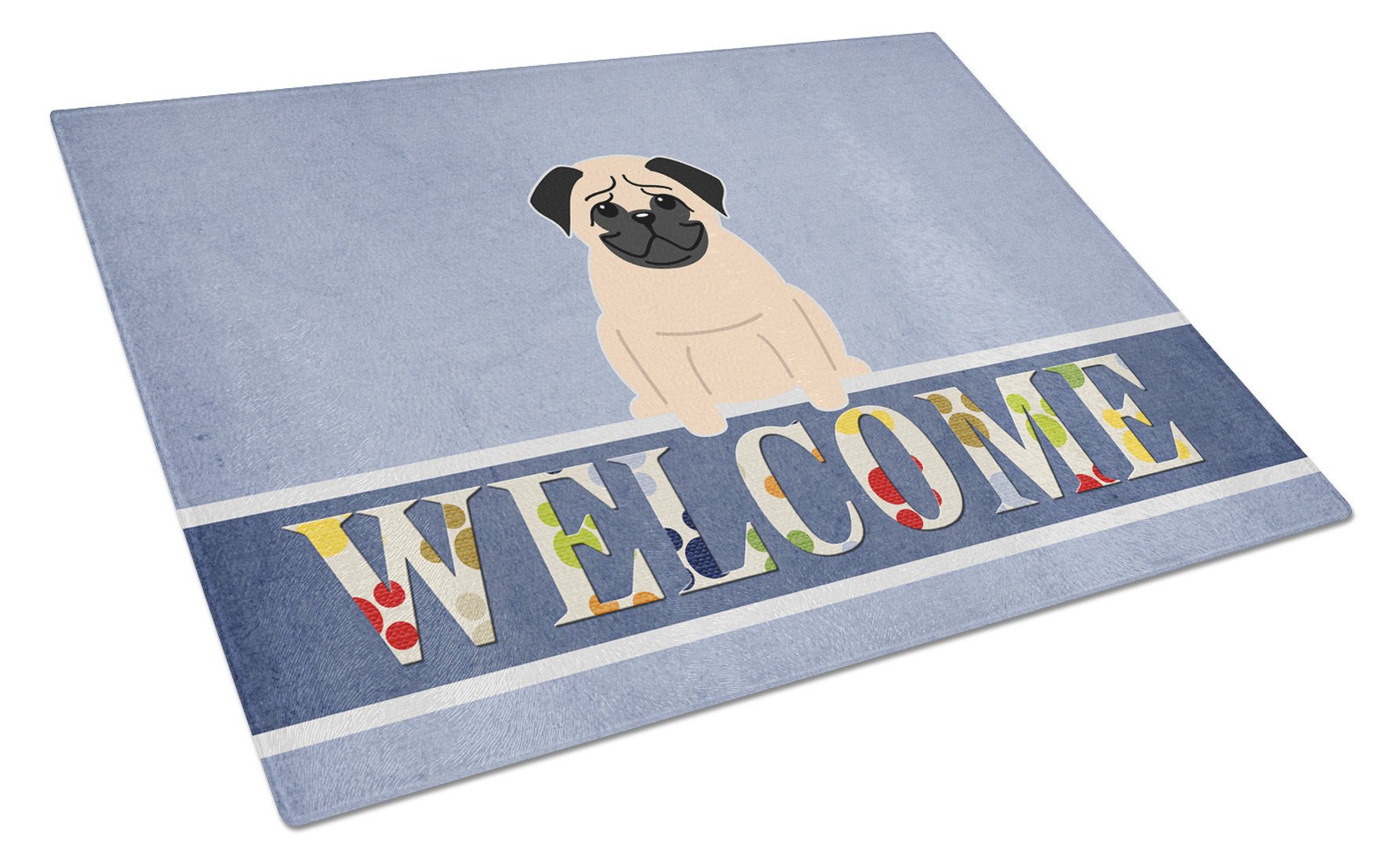 Pug Fawn Welcome Cutting Board Tempered Glass Kitchen Cutting Surface, Heat Resistant Chopping, Non-Slip Feet, Food Prep & Serving