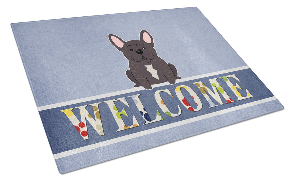 French Bulldog Brindle Welcome Cutting Board Tempered Glass Kitchen Cutting Surface, Heat Resistant Chopping, Non-Slip Feet, Food Prep & Serving