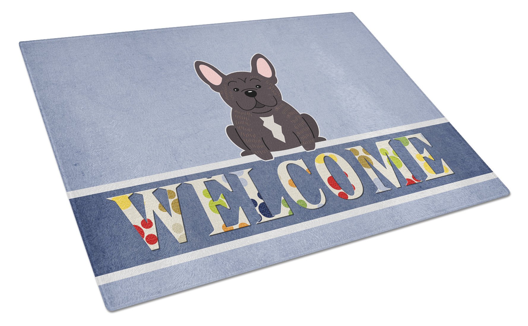 French Bulldog Brindle Welcome Cutting Board Tempered Glass Kitchen Cutting Surface, Heat Resistant Chopping, Non-Slip Feet, Food Prep & Serving