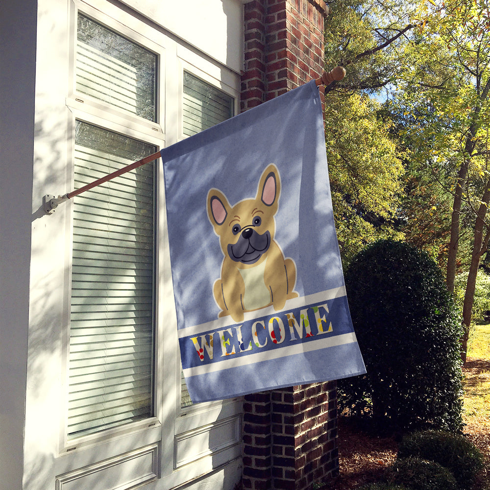 French Bulldog Cream Welcome House Flag 28x40 Porch Sleeve Pole Decorative Outside Yard Banner Artwork Wall Hanging, Polyester