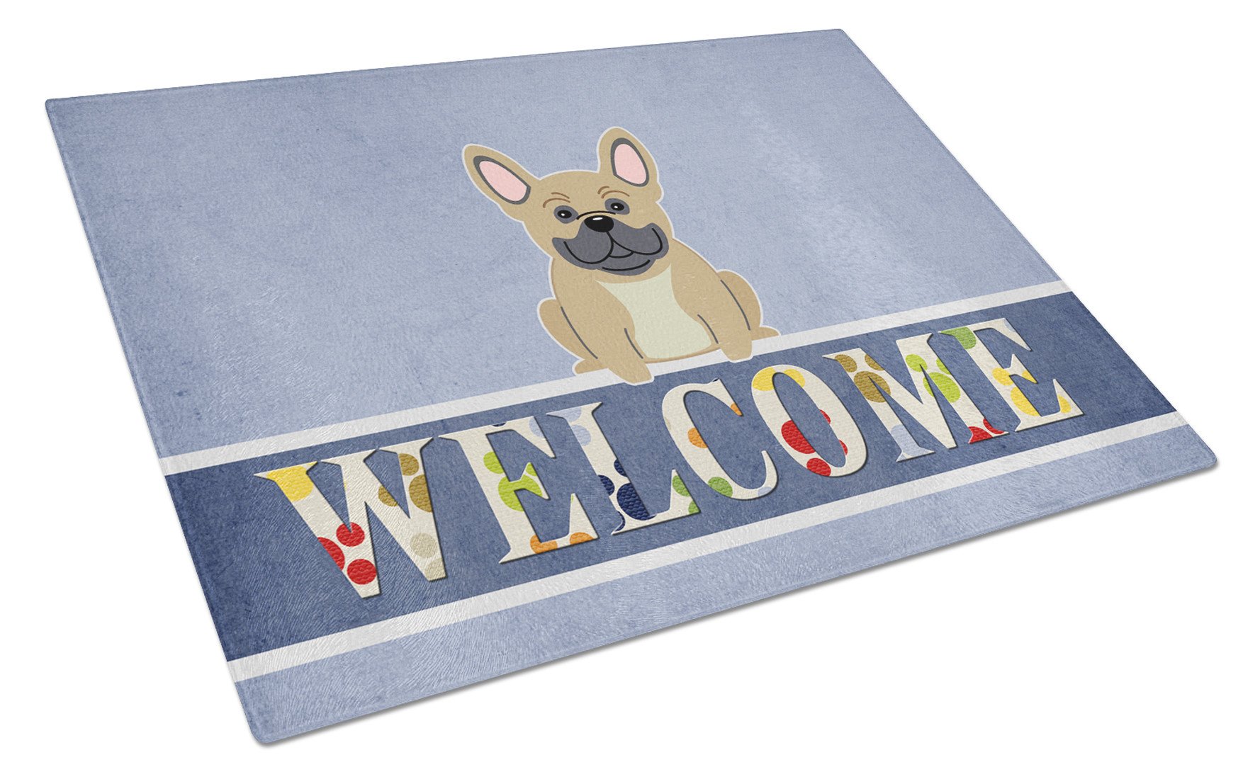 French Bulldog Cream Welcome Cutting Board Tempered Glass Kitchen Cutting Surface, Heat Resistant Chopping, Non-Slip Feet, Food Prep & Serving