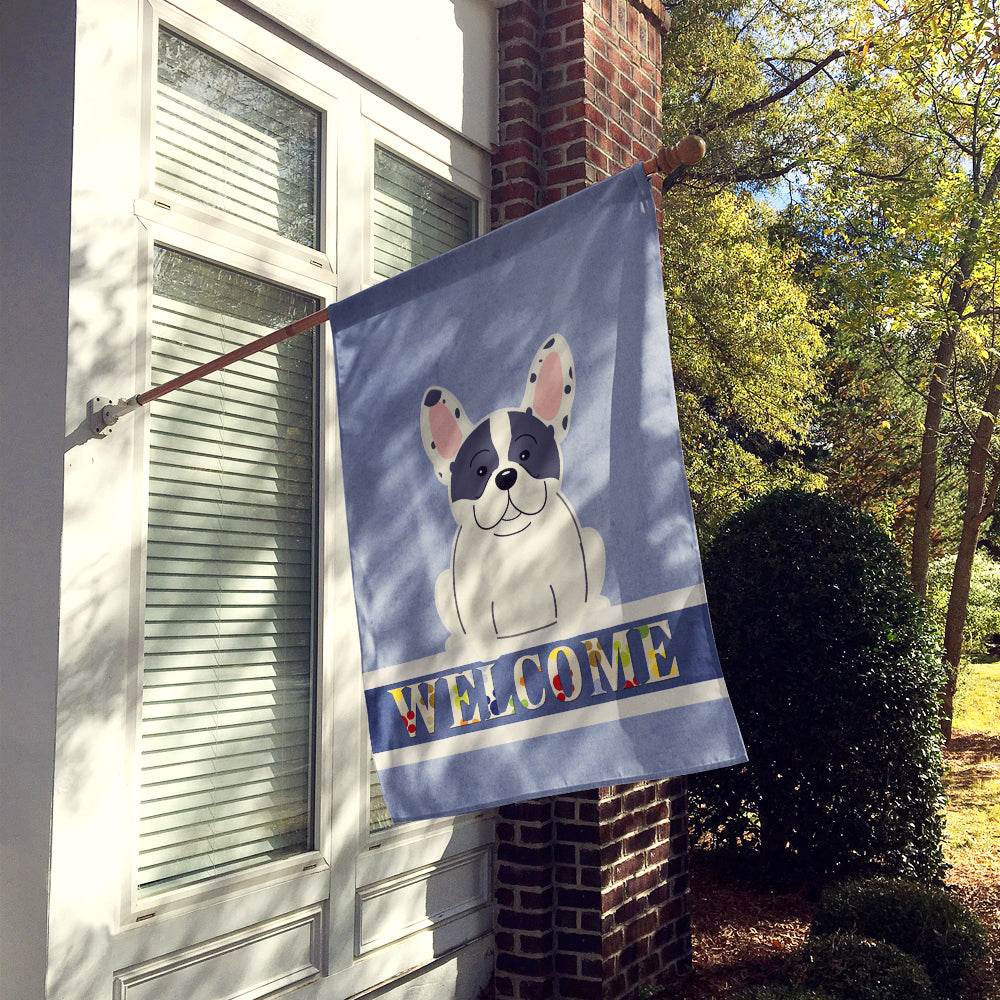 French Bulldog Piebald Welcome House Flag 28x40 Porch Sleeve Pole Decorative Outside Yard Banner Artwork Wall Hanging, Polyester