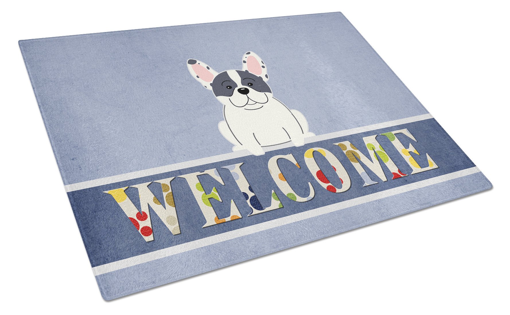 French Bulldog Piebald Welcome Cutting Board Tempered Glass Kitchen Cutting Surface, Heat Resistant Chopping, Non-Slip Feet, Food Prep & Serving