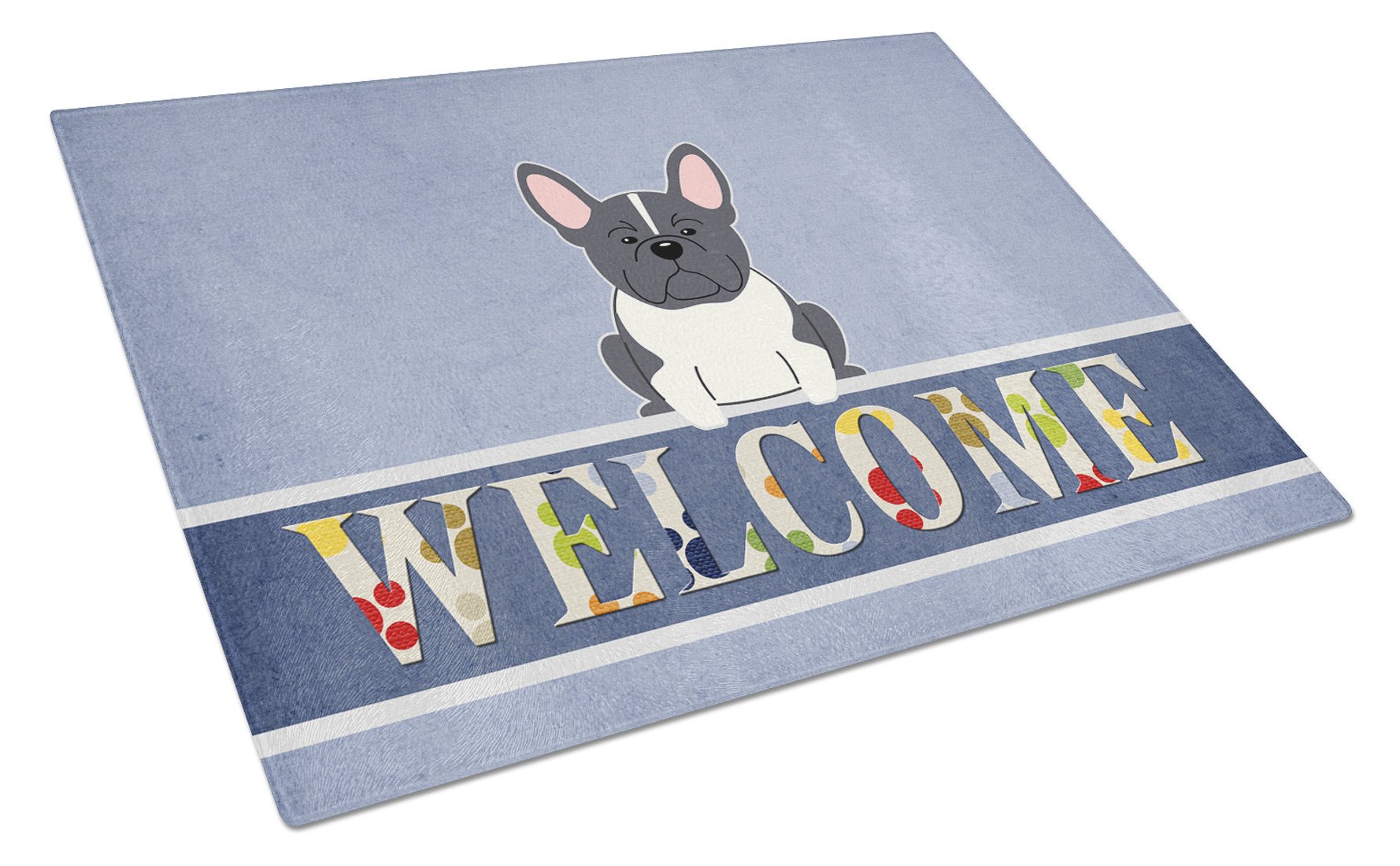 French Bulldog Black White Welcome Cutting Board Tempered Glass Kitchen Cutting Surface, Heat Resistant Chopping, Non-Slip Feet, Food Prep & Serving