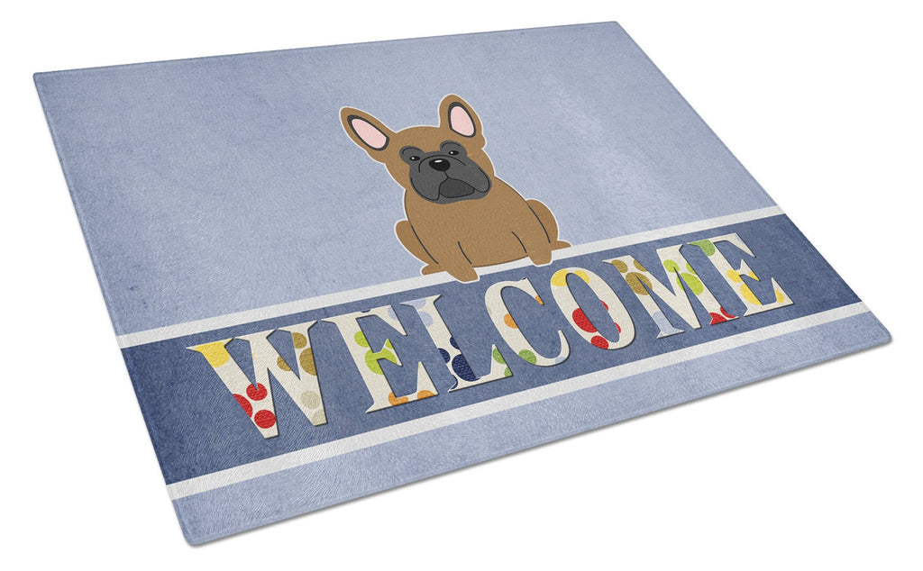 French Bulldog Brown Welcome Cutting Board Tempered Glass Kitchen Cutting Surface, Heat Resistant Chopping, Non-Slip Feet, Food Prep & Serving