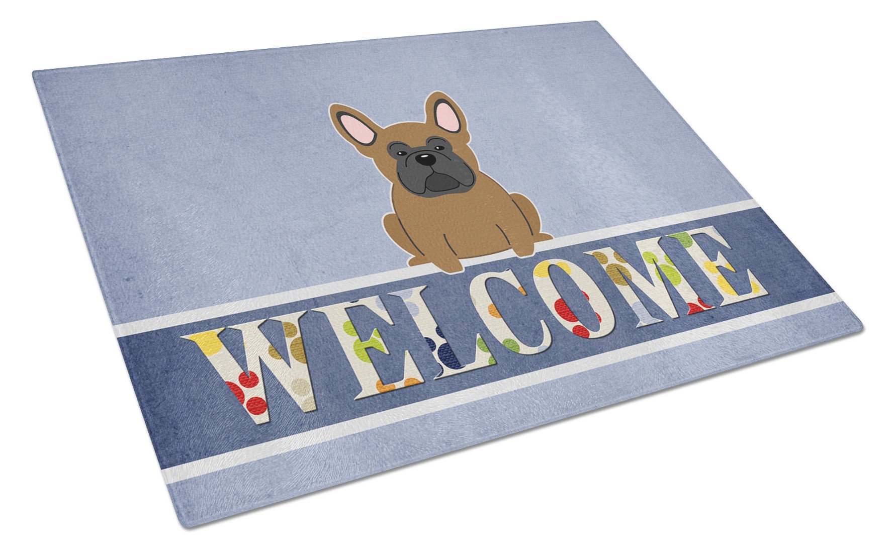 French Bulldog Brown Welcome Cutting Board Tempered Glass Kitchen Cutting Surface, Heat Resistant Chopping, Non-Slip Feet, Food Prep & Serving