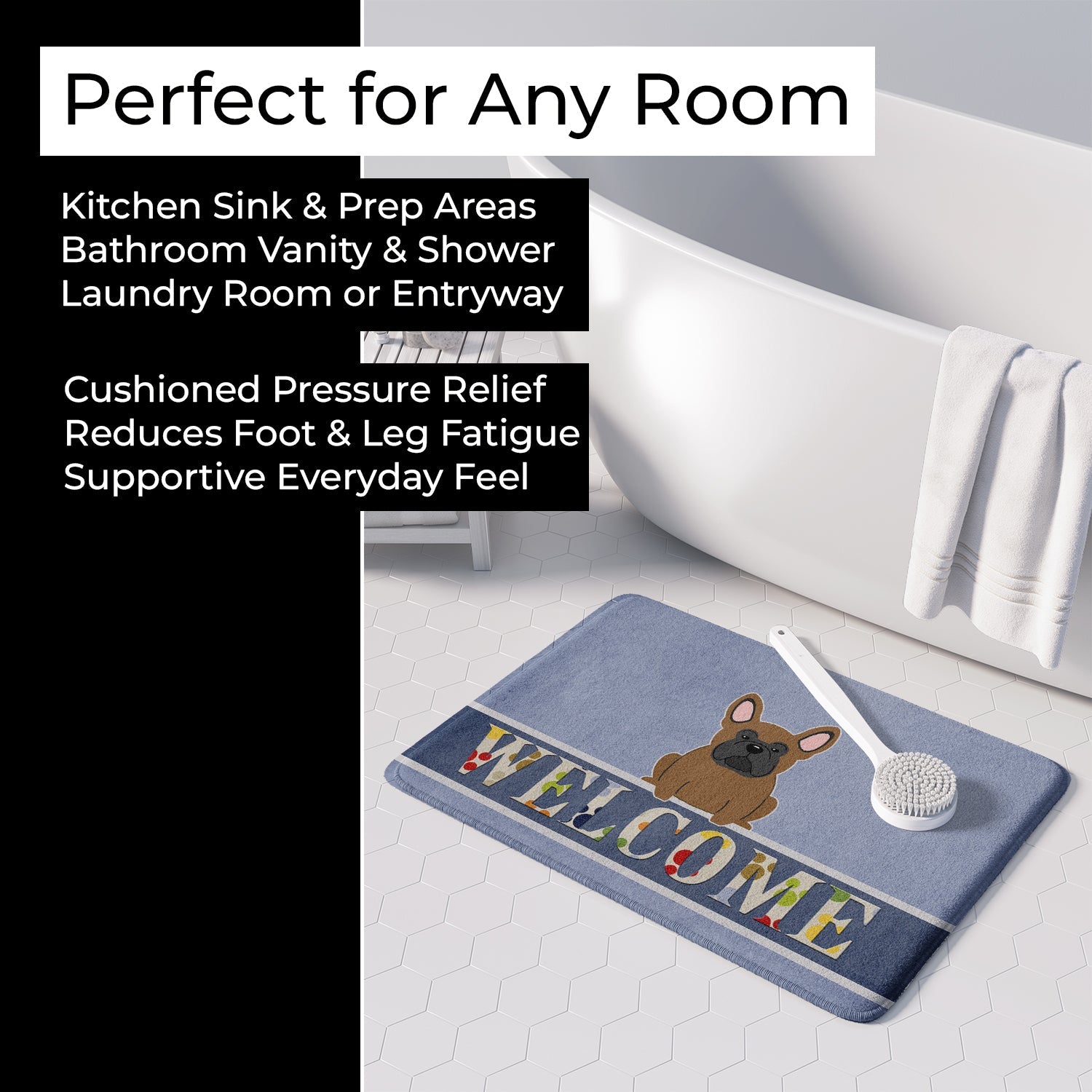 French Bulldog Brown Welcome Memory Foam Kitchen Mat Machine Washable Anti-Fatigue Cushion Comfort Bath or Kitchen Rug