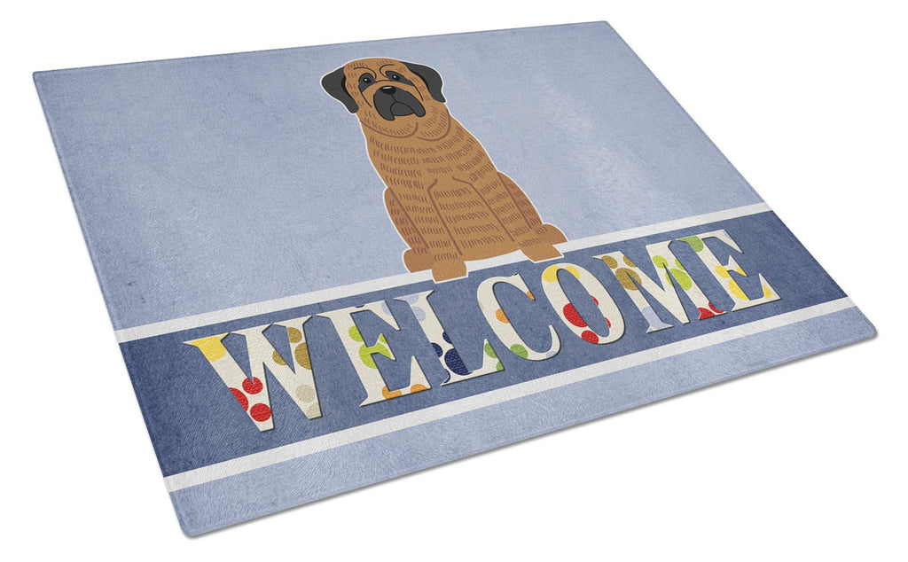 Mastiff Brindle Welcome Cutting Board Tempered Glass Kitchen Cutting Surface, Heat Resistant Chopping, Non-Slip Feet, Food Prep & Serving