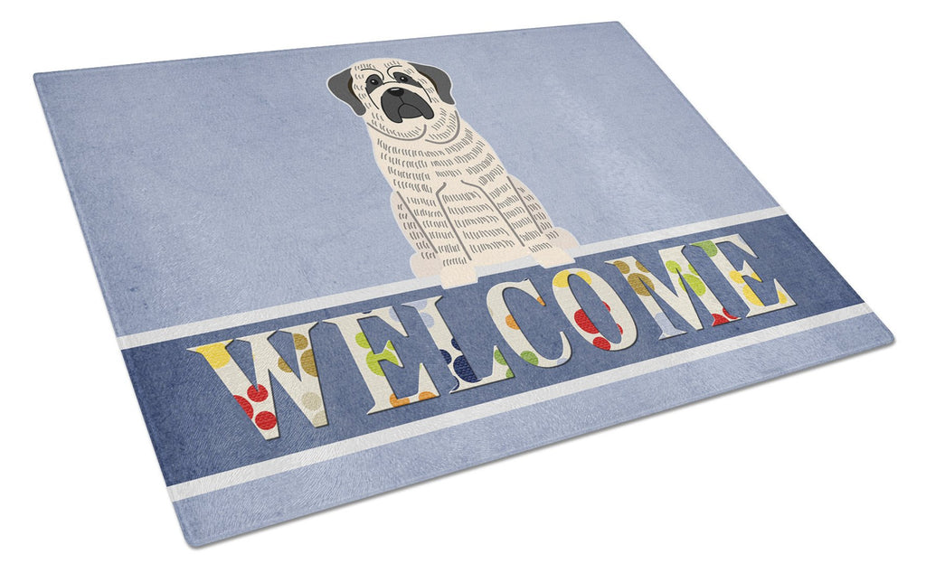 Mastiff Brindle White Welcome Cutting Board Tempered Glass Kitchen Cutting Surface, Heat Resistant Chopping, Non-Slip Feet, Food Prep & Serving