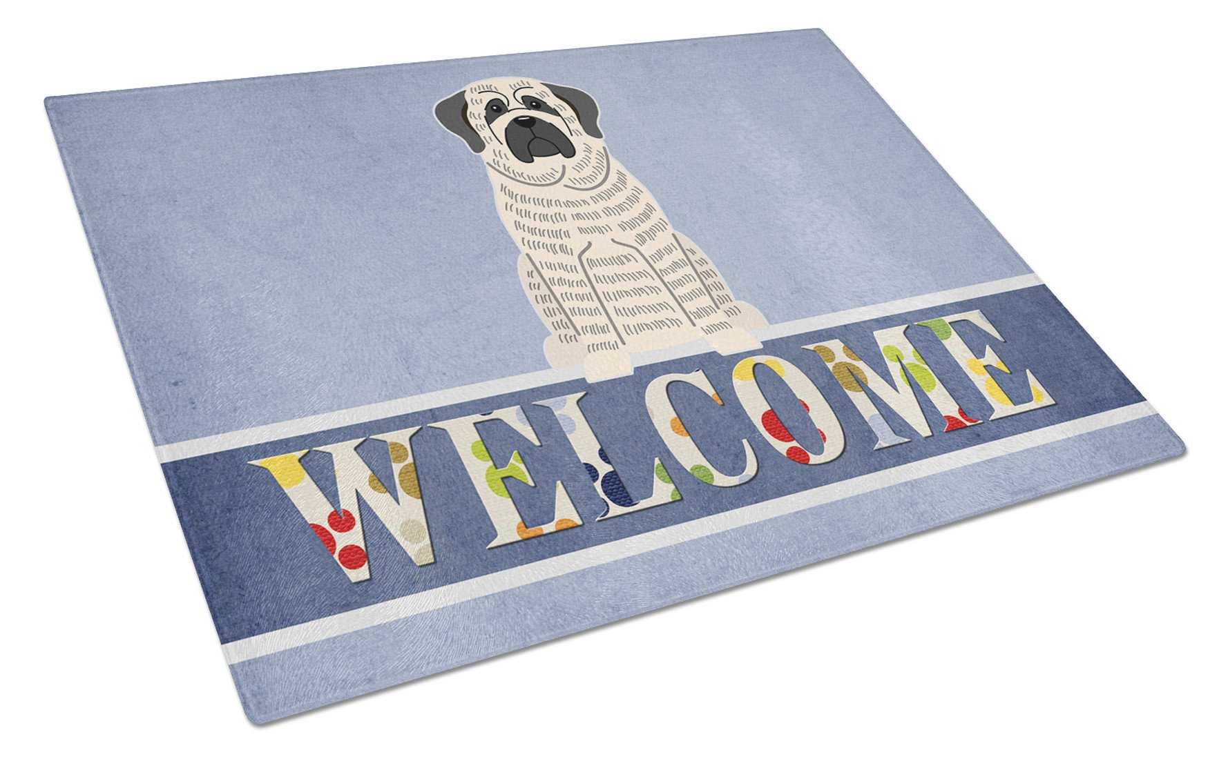 Mastiff Brindle White Welcome Cutting Board Tempered Glass Kitchen Cutting Surface, Heat Resistant Chopping, Non-Slip Feet, Food Prep & Serving