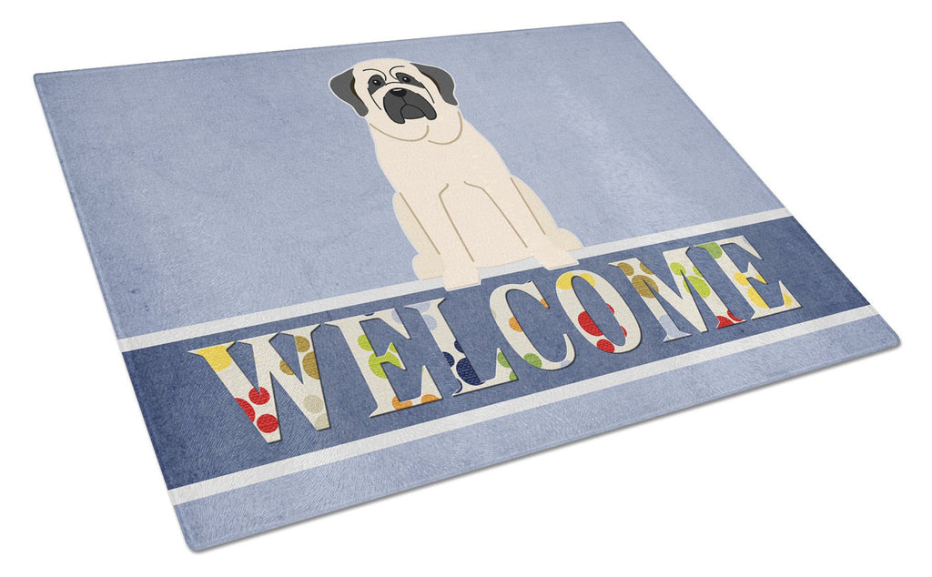 Mastiff White Welcome Cutting Board Tempered Glass Kitchen Cutting Surface, Heat Resistant Chopping, Non-Slip Feet, Food Prep & Serving