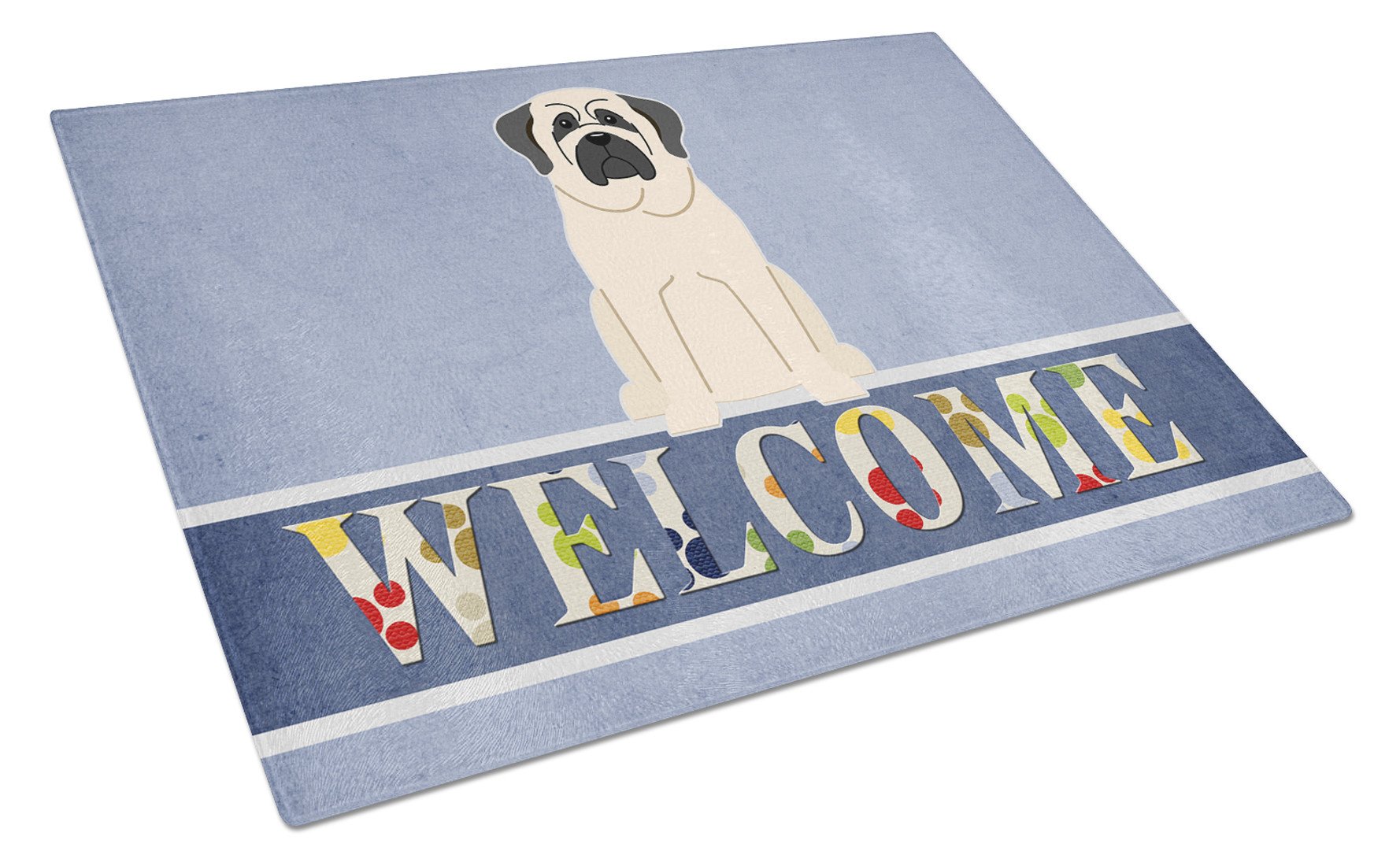 Mastiff White Welcome Cutting Board Tempered Glass Kitchen Cutting Surface, Heat Resistant Chopping, Non-Slip Feet, Food Prep & Serving