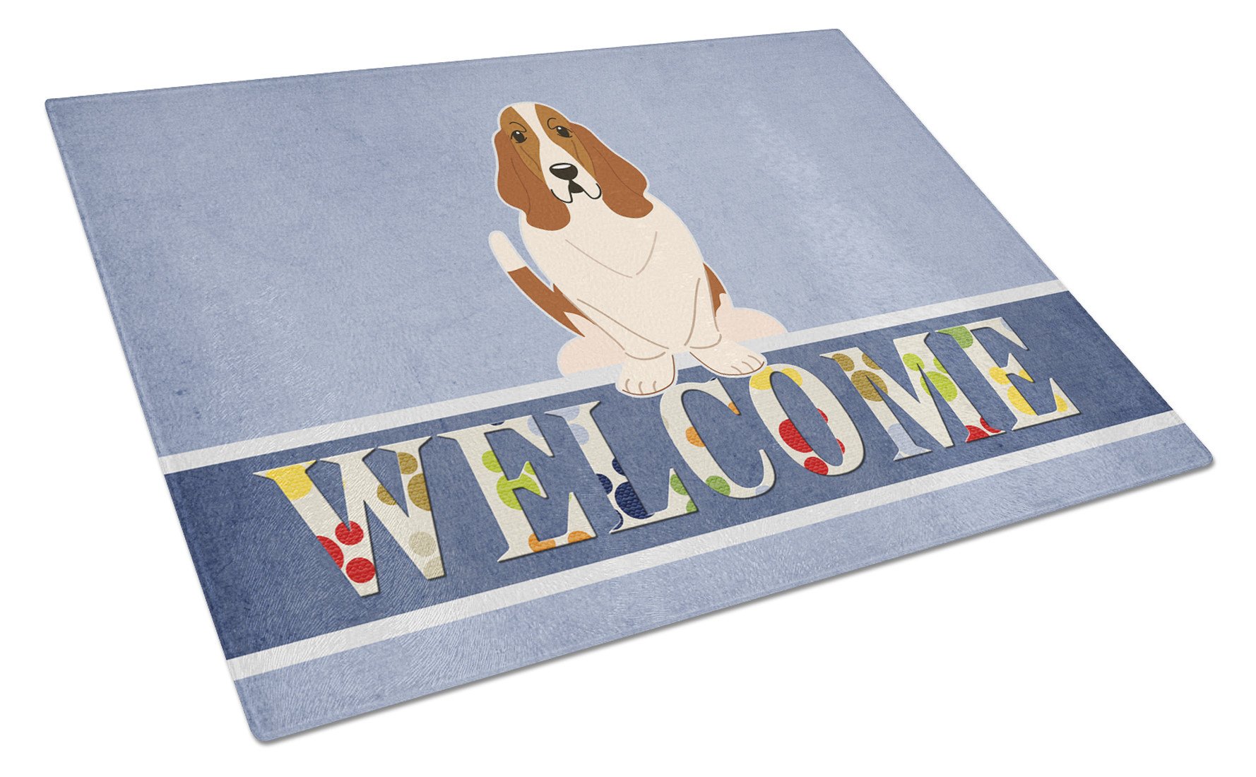 Basset Hound Welcome Cutting Board Tempered Glass Kitchen Cutting Surface, Heat Resistant Chopping, Non-Slip Feet, Food Prep & Serving