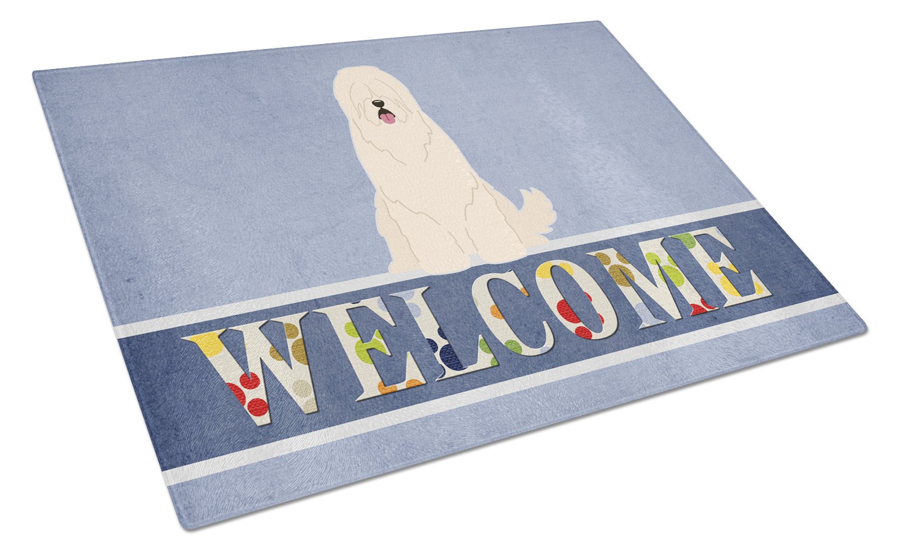 South Russian Sheepdog Welcome Cutting Board Tempered Glass Kitchen Cutting Surface, Heat Resistant Chopping, Non-Slip Feet, Food Prep & Serving