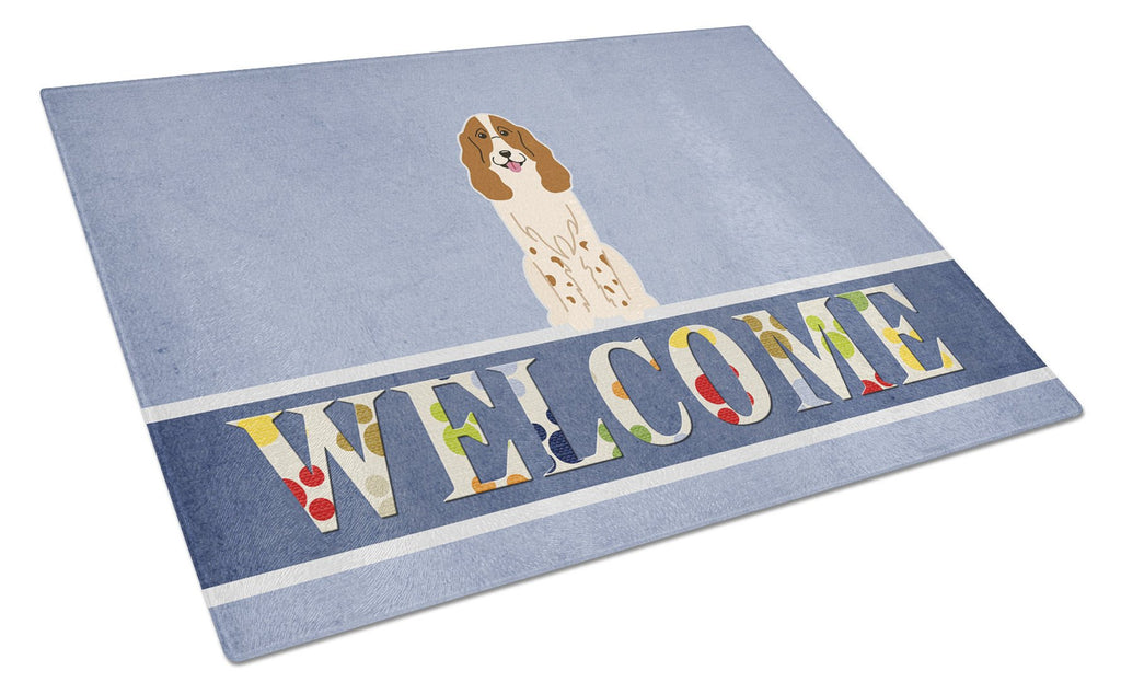 Russian Spaniel Welcome Cutting Board Tempered Glass Kitchen Cutting Surface, Heat Resistant Chopping, Non-Slip Feet, Food Prep & Serving