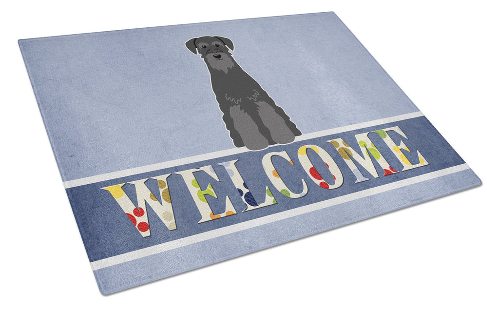 Standard Schnauzer Black Welcome Cutting Board Tempered Glass Kitchen Cutting Surface, Heat Resistant Chopping, Non-Slip Feet, Food Prep & Serving
