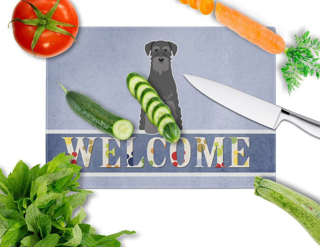 Standard Schnauzer Black Welcome Cutting Board Tempered Glass Kitchen Cutting Surface, Heat Resistant Chopping, Non-Slip Feet, Food Prep & Serving