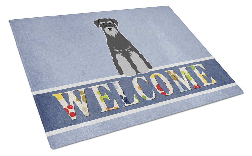 Standard Schnauzer Black Grey Welcome Cutting Board Tempered Glass Kitchen Cutting Surface, Heat Resistant Chopping, Non-Slip Feet, Food Prep & Serving