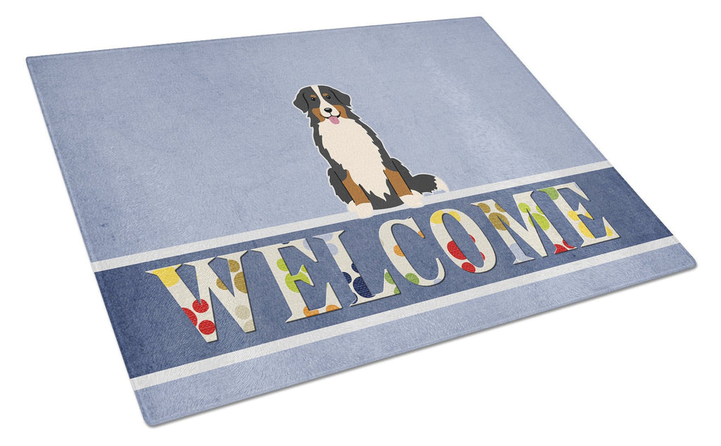 Bernese Mountain Dog Welcome Cutting Board Tempered Glass Kitchen Cutting Surface, Heat Resistant Chopping, Non-Slip Feet, Food Prep & Serving