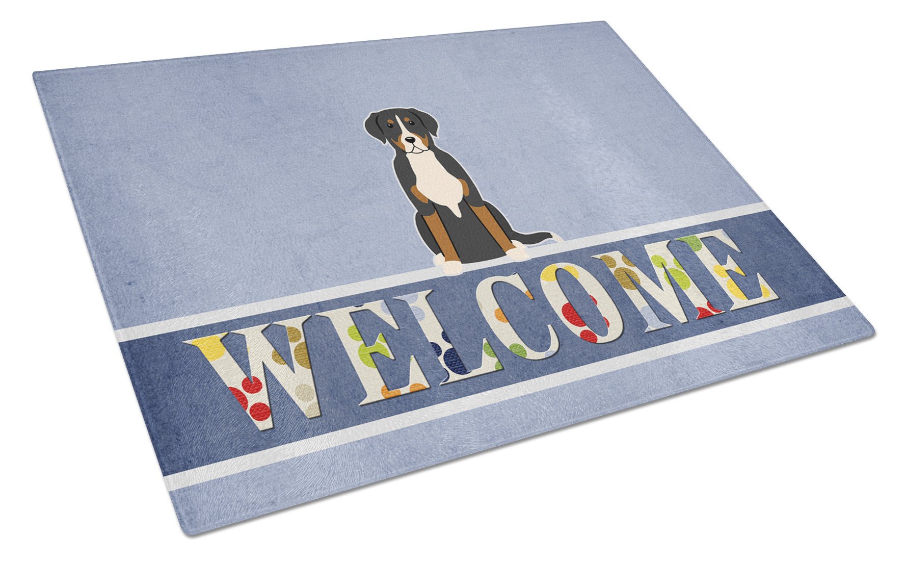 Greater Swiss Mountain Dog Welcome Cutting Board Tempered Glass Kitchen Cutting Surface, Heat Resistant Chopping, Non-Slip Feet, Food Prep & Serving