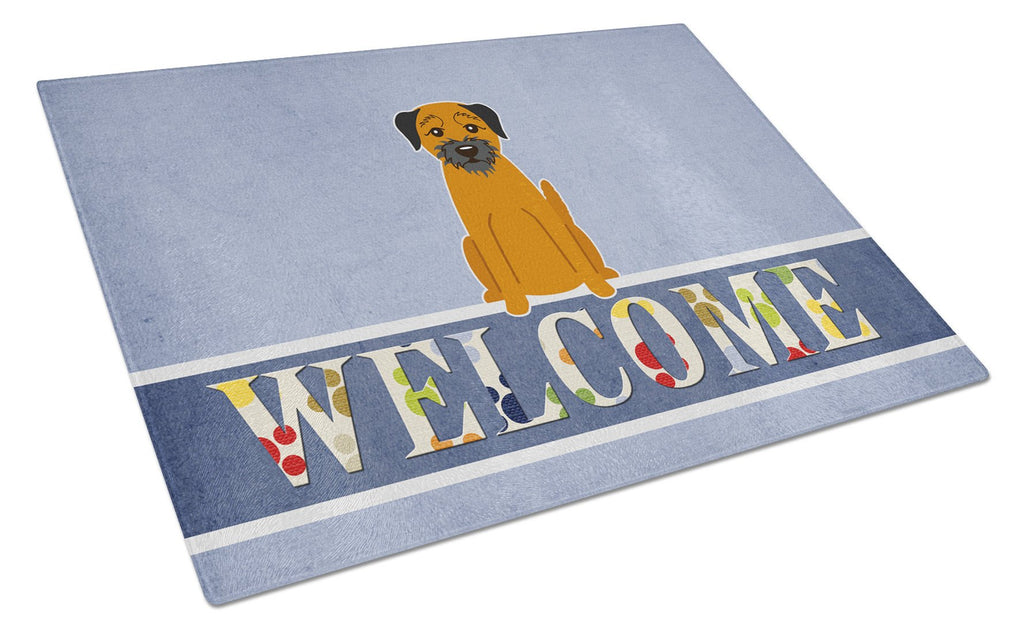 Border Terrier Welcome Cutting Board Tempered Glass Kitchen Cutting Surface, Heat Resistant Chopping, Non-Slip Feet, Food Prep & Serving