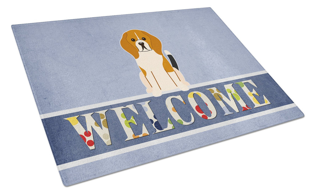 Beagle Tricolor Welcome Cutting Board Tempered Glass Kitchen Cutting Surface, Heat Resistant Chopping, Non-Slip Feet, Food Prep & Serving