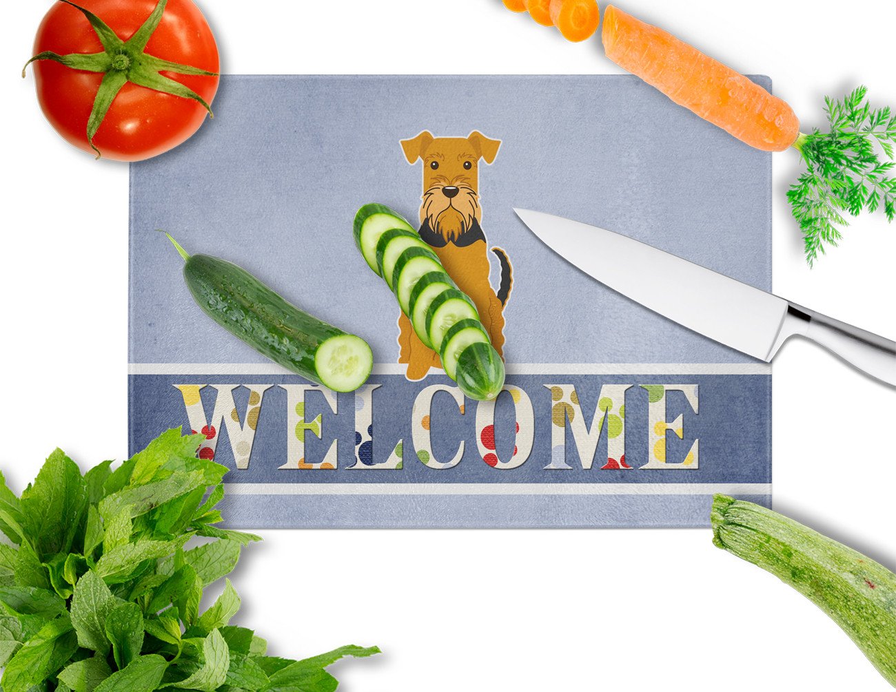 Airedale Welcome Cutting Board Tempered Glass Kitchen Cutting Surface, Heat Resistant Chopping, Non-Slip Feet, Food Prep & Serving