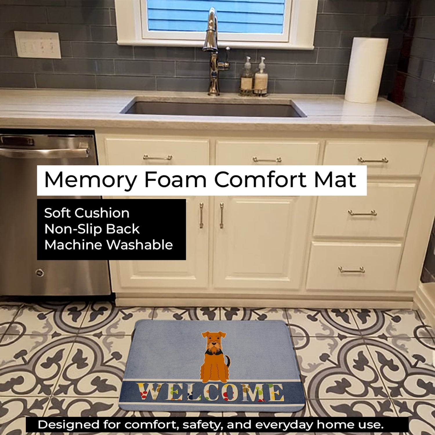 Airedale Welcome Memory Foam Kitchen Mat Machine Washable Anti-Fatigue Cushion Comfort Bath or Kitchen Rug
