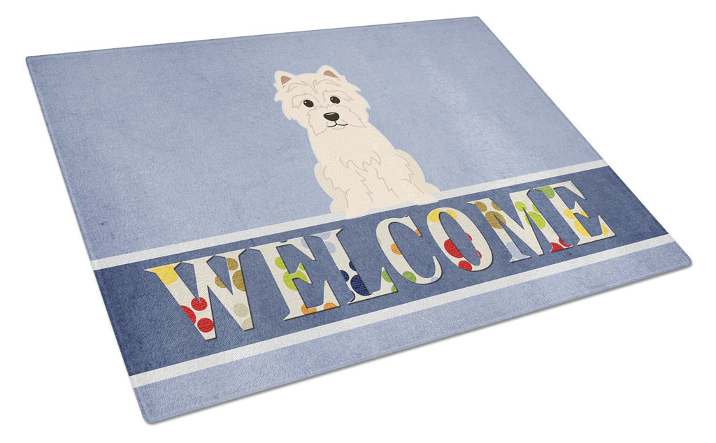 Westie Welcome Cutting Board Tempered Glass Kitchen Cutting Surface, Heat Resistant Chopping, Non-Slip Feet, Food Prep & Serving