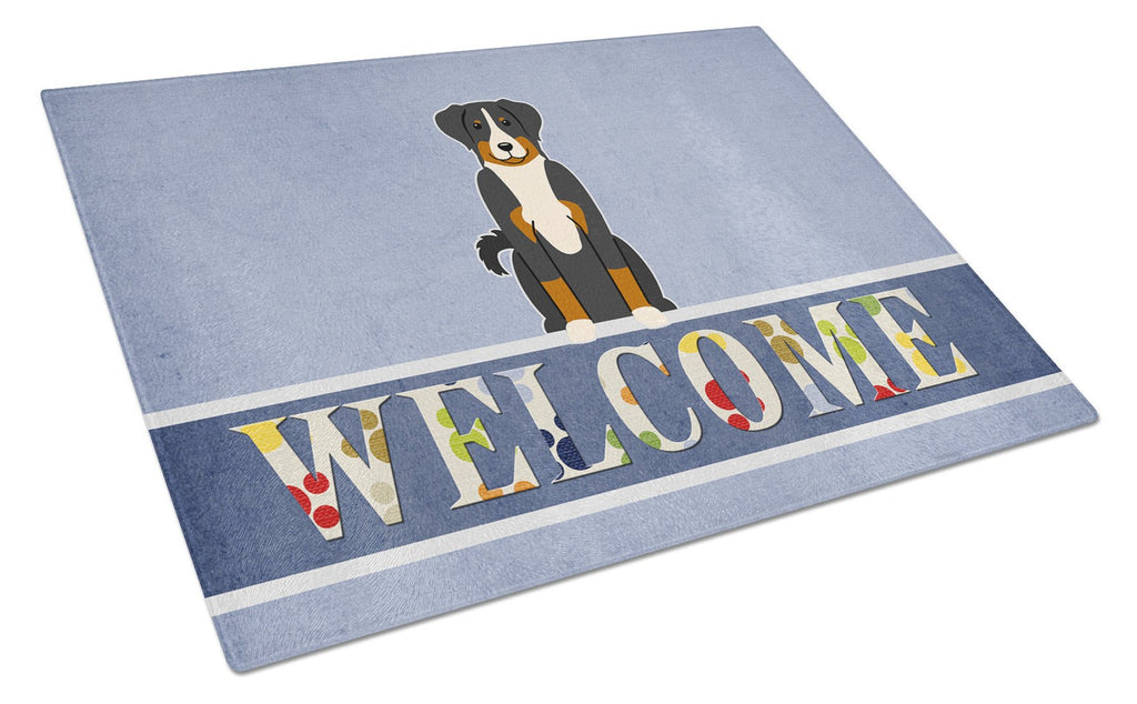 Appenzeller Sennenhund Welcome Cutting Board Tempered Glass Kitchen Cutting Surface, Heat Resistant Chopping, Non-Slip Feet, Food Prep & Serving