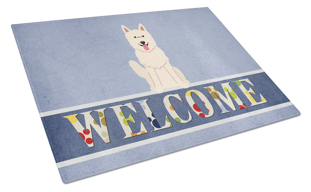 White German Shepherd Welcome Cutting Board Tempered Glass Kitchen Cutting Surface, Heat Resistant Chopping, Non-Slip Feet, Food Prep & Serving