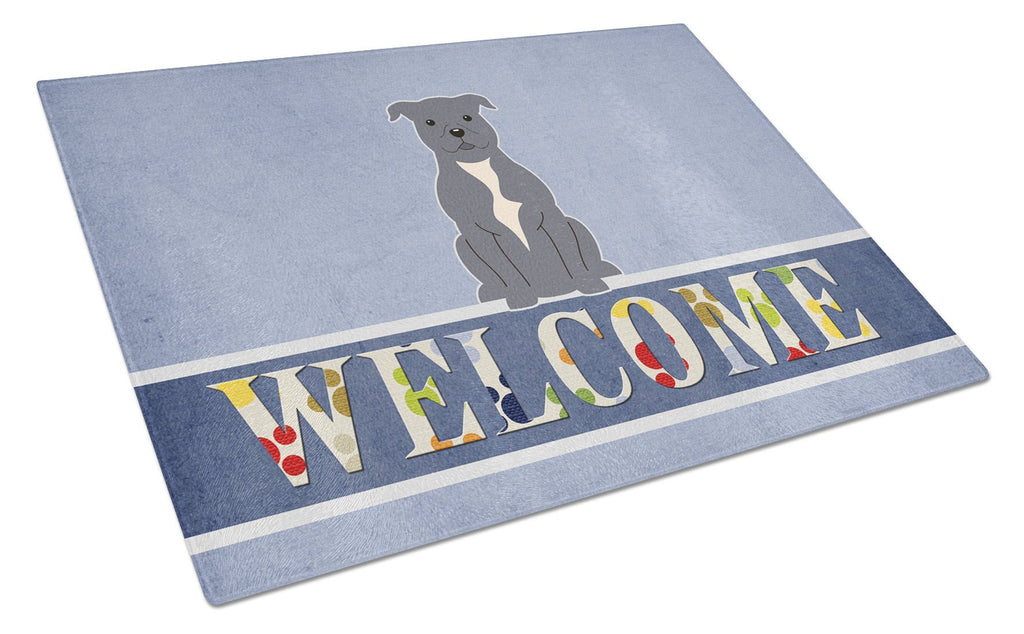 Staffordshire Bull Terrier Blue Welcome Cutting Board Tempered Glass Kitchen Cutting Surface, Heat Resistant Chopping, Non-Slip Feet, Food Prep & Serving