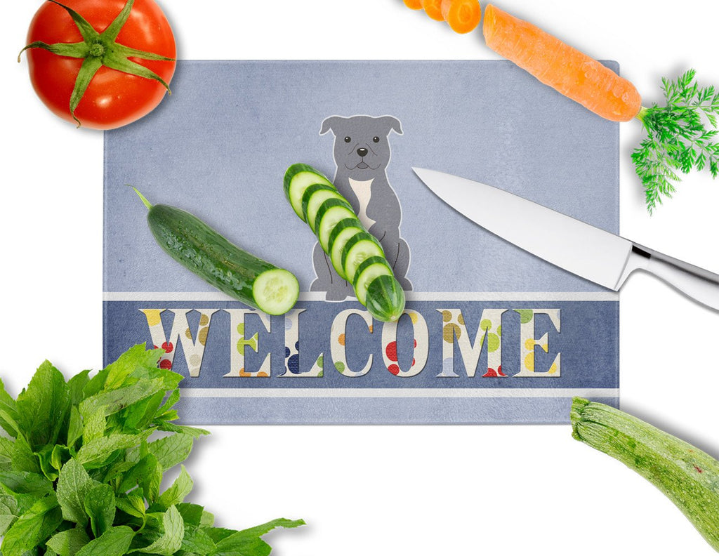 Staffordshire Bull Terrier Blue Welcome Cutting Board Tempered Glass Kitchen Cutting Surface, Heat Resistant Chopping, Non-Slip Feet, Food Prep & Serving