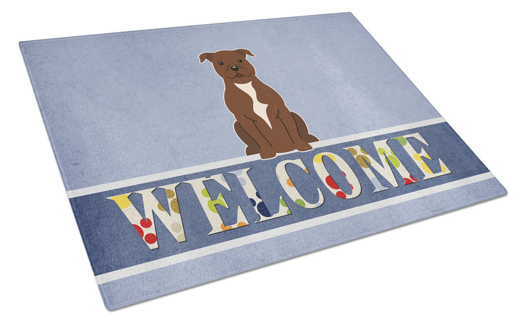 Staffordshire Bull Terrier Chocolate Welcome Cutting Board Tempered Glass Kitchen Cutting Surface, Heat Resistant Chopping, Non-Slip Feet, Food Prep & Serving