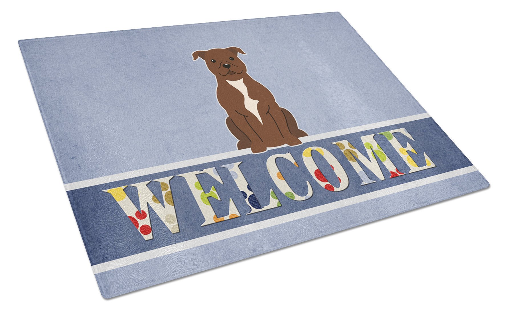 Staffordshire Bull Terrier Chocolate Welcome Cutting Board Tempered Glass Kitchen Cutting Surface, Heat Resistant Chopping, Non-Slip Feet, Food Prep & Serving