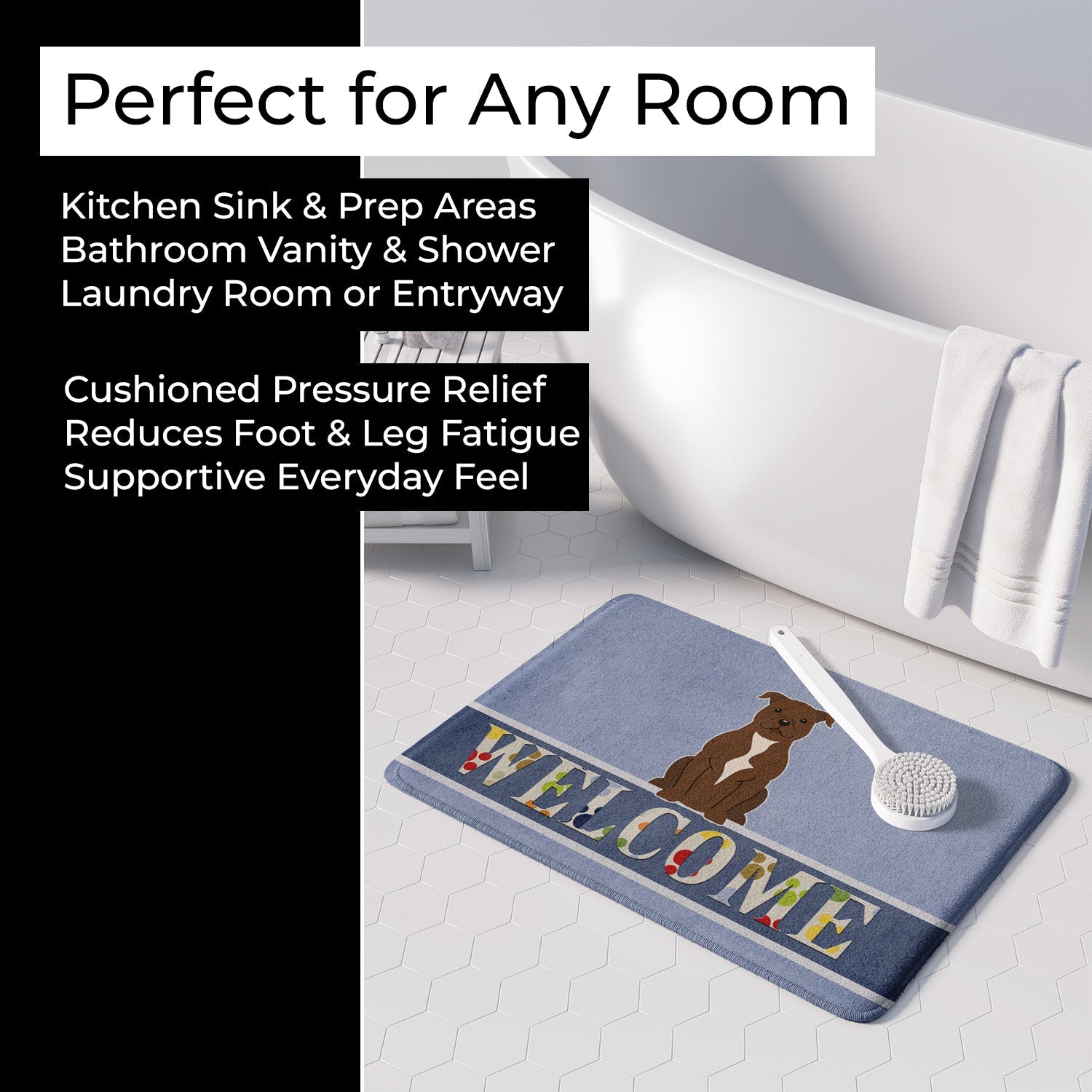 Staffordshire Bull Terrier Chocolate Welcome Memory Foam Kitchen Mat Machine Washable Anti-Fatigue Cushion Comfort Bath or Kitchen Rug