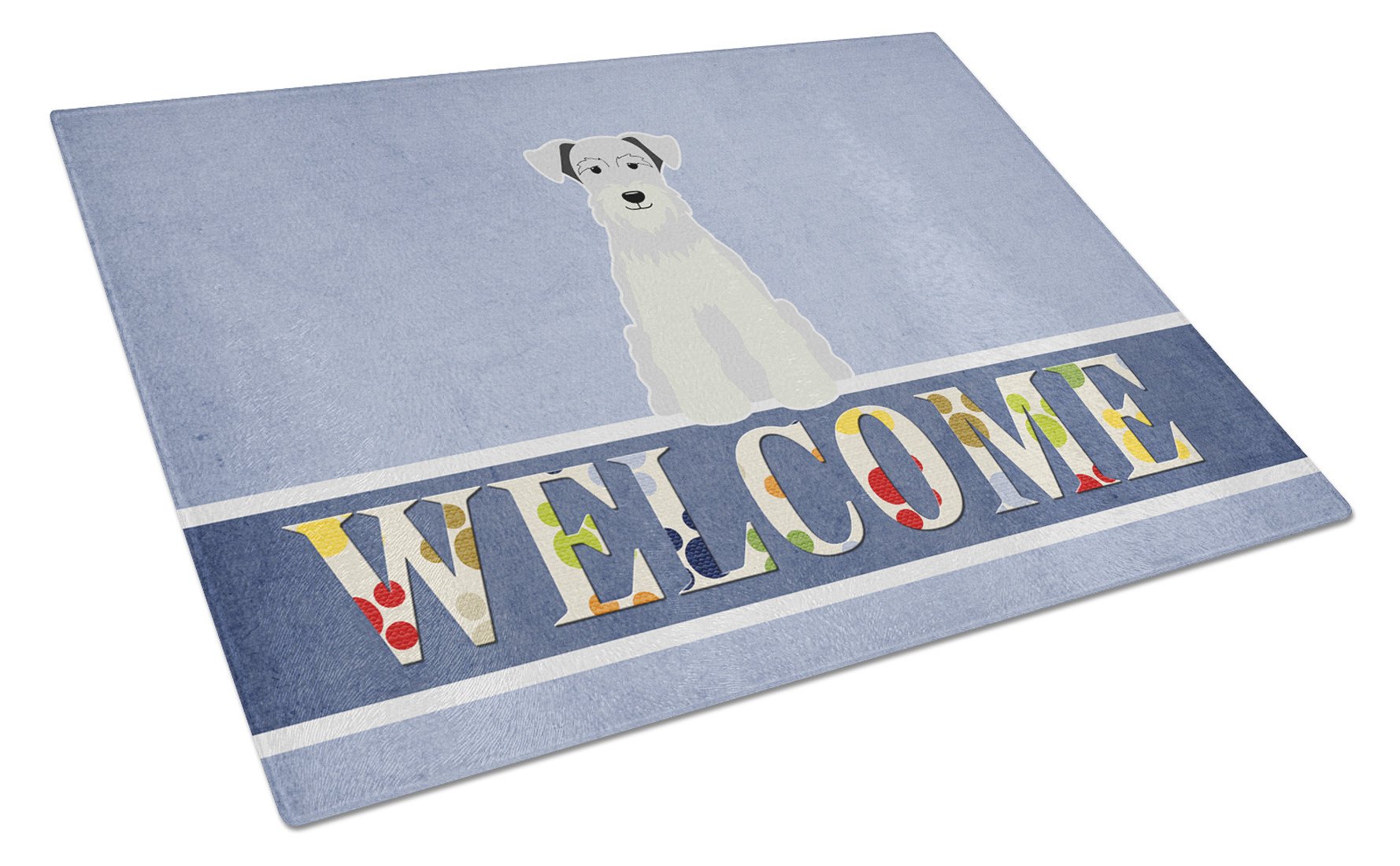 Miniature Schnauzer White Welcome Cutting Board Tempered Glass Kitchen Cutting Surface, Heat Resistant Chopping, Non-Slip Feet, Food Prep & Serving