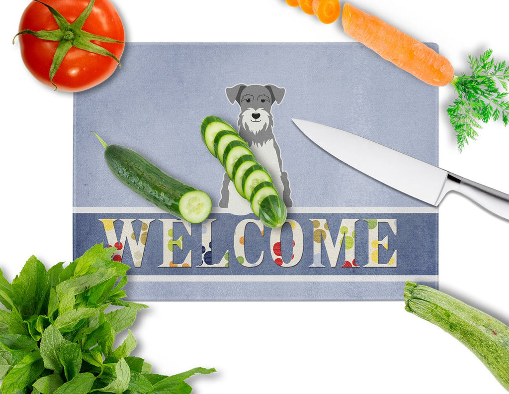 Miniature Schnauzer Salt and Pepper Welcome Cutting Board Tempered Glass Kitchen Cutting Surface, Heat Resistant Chopping, Non-Slip Feet, Food Prep & Serving