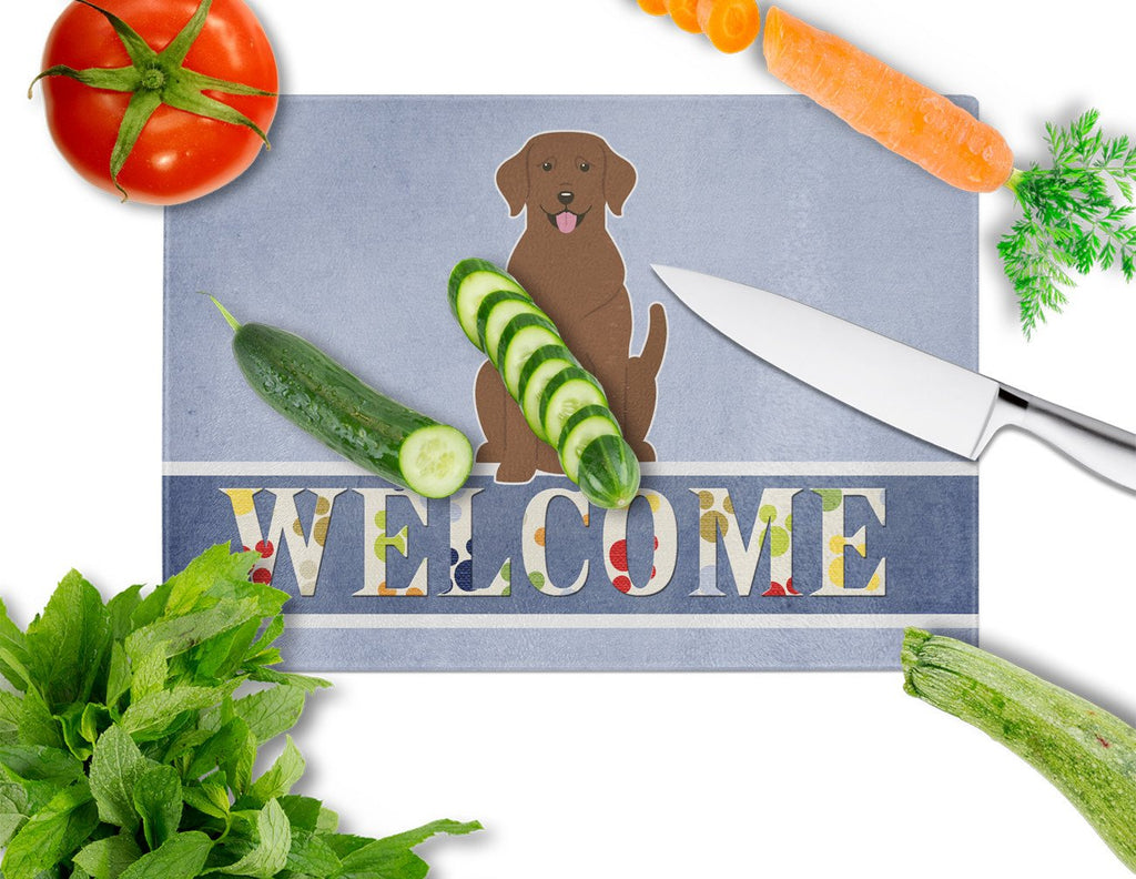 Chocolate Labrador Welcome Cutting Board Tempered Glass Kitchen Cutting Surface, Heat Resistant Chopping, Non-Slip Feet, Food Prep & Serving