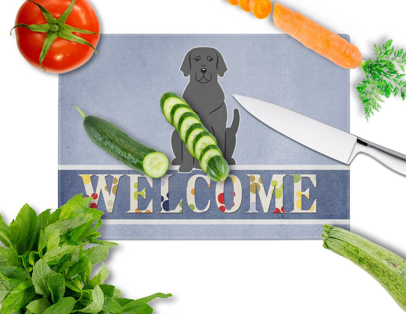 Black Labrador Welcome Cutting Board Tempered Glass Kitchen Cutting Surface, Heat Resistant Chopping, Non-Slip Feet, Food Prep & Serving