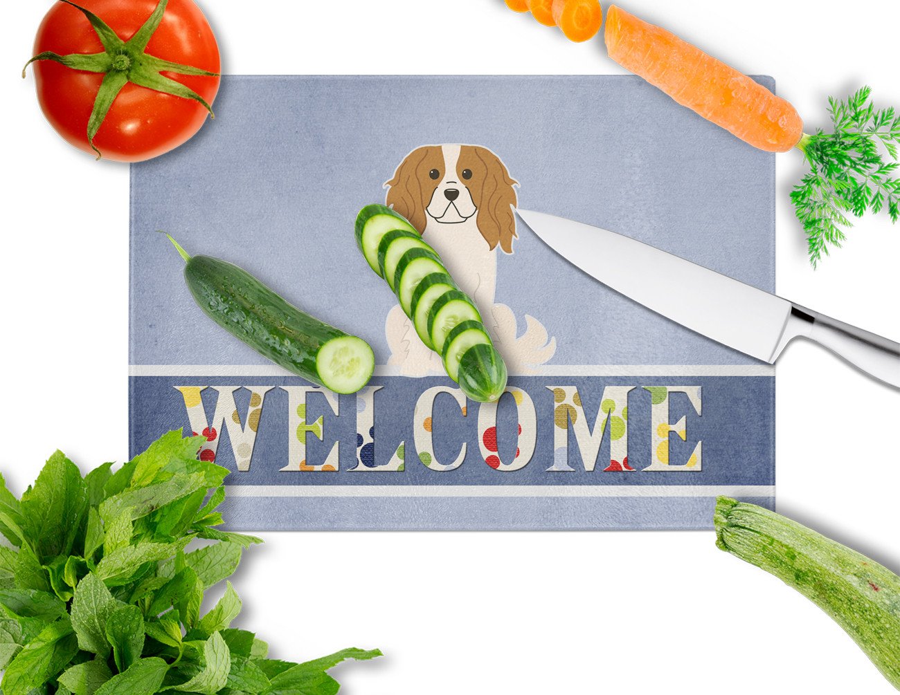 Cavalier Spaniel Welcome Cutting Board Tempered Glass Kitchen Cutting Surface, Heat Resistant Chopping, Non-Slip Feet, Food Prep & Serving