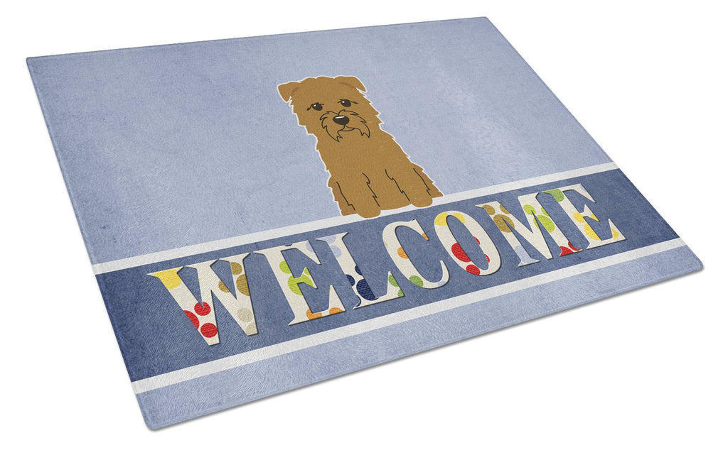 Glen of Imal Tan Welcome Cutting Board Tempered Glass Kitchen Cutting Surface, Heat Resistant Chopping, Non-Slip Feet, Food Prep & Serving