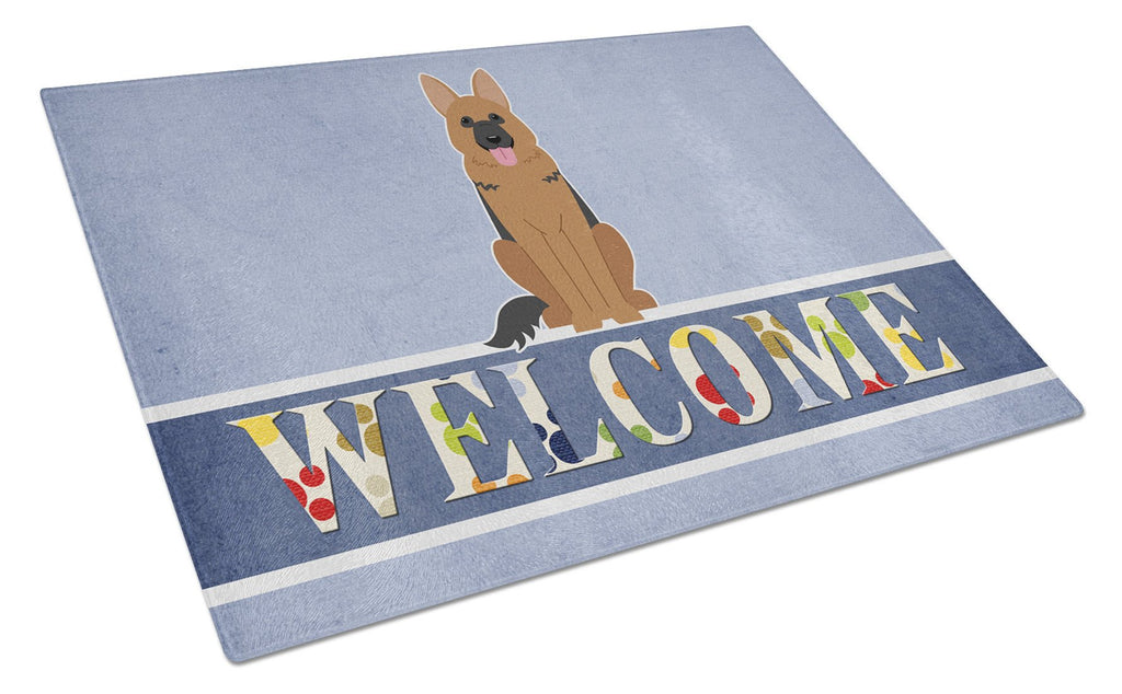 German Shepherd Welcome Cutting Board Tempered Glass Kitchen Cutting Surface, Heat Resistant Chopping, Non-Slip Feet, Food Prep & Serving