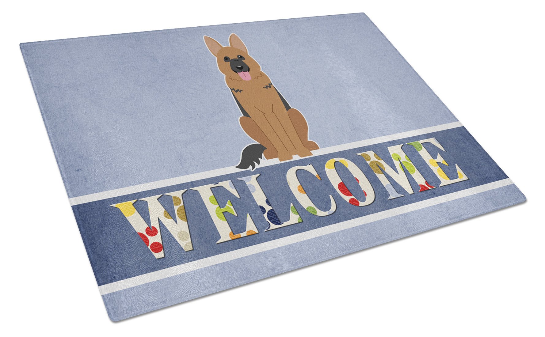 German Shepherd Welcome Cutting Board Tempered Glass Kitchen Cutting Surface, Heat Resistant Chopping, Non-Slip Feet, Food Prep & Serving