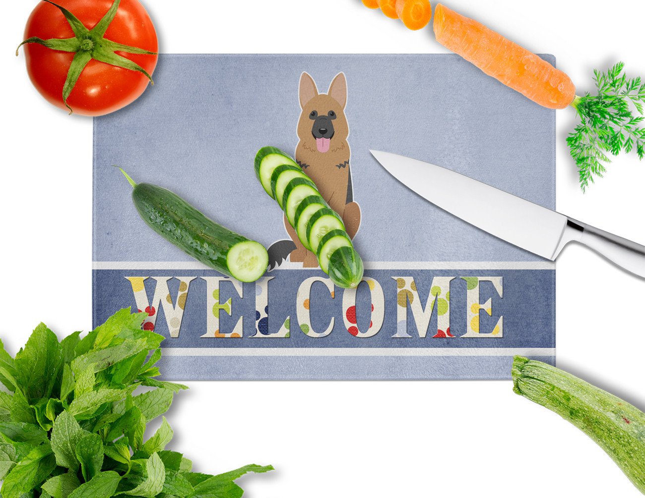 German Shepherd Welcome Cutting Board Tempered Glass Kitchen Cutting Surface, Heat Resistant Chopping, Non-Slip Feet, Food Prep & Serving