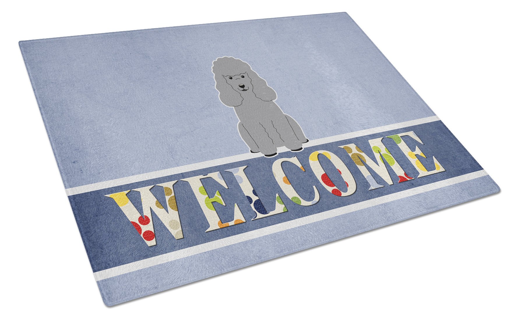 Poodle Silver Welcome Cutting Board Tempered Glass Kitchen Cutting Surface, Heat Resistant Chopping, Non-Slip Feet, Food Prep & Serving