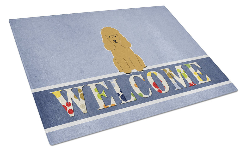 Poodle Tan Welcome Cutting Board Tempered Glass Kitchen Cutting Surface, Heat Resistant Chopping, Non-Slip Feet, Food Prep & Serving