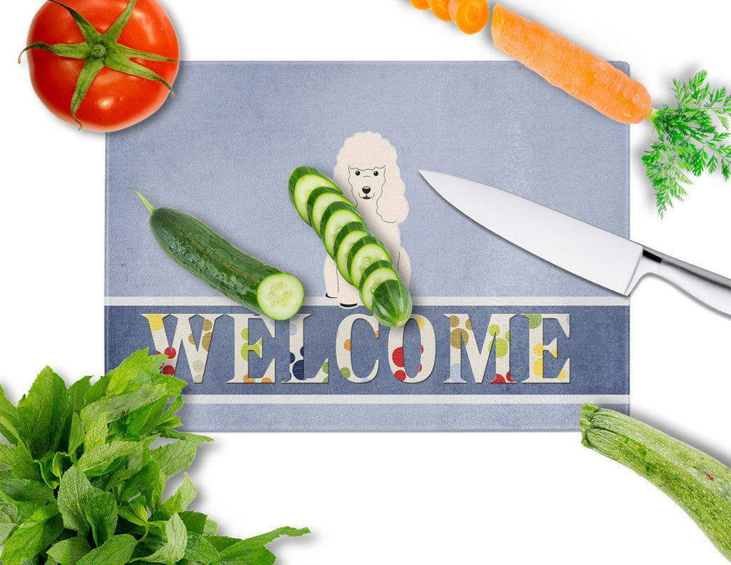 Poodle White Welcome Cutting Board Tempered Glass Kitchen Cutting Surface, Heat Resistant Chopping, Non-Slip Feet, Food Prep & Serving