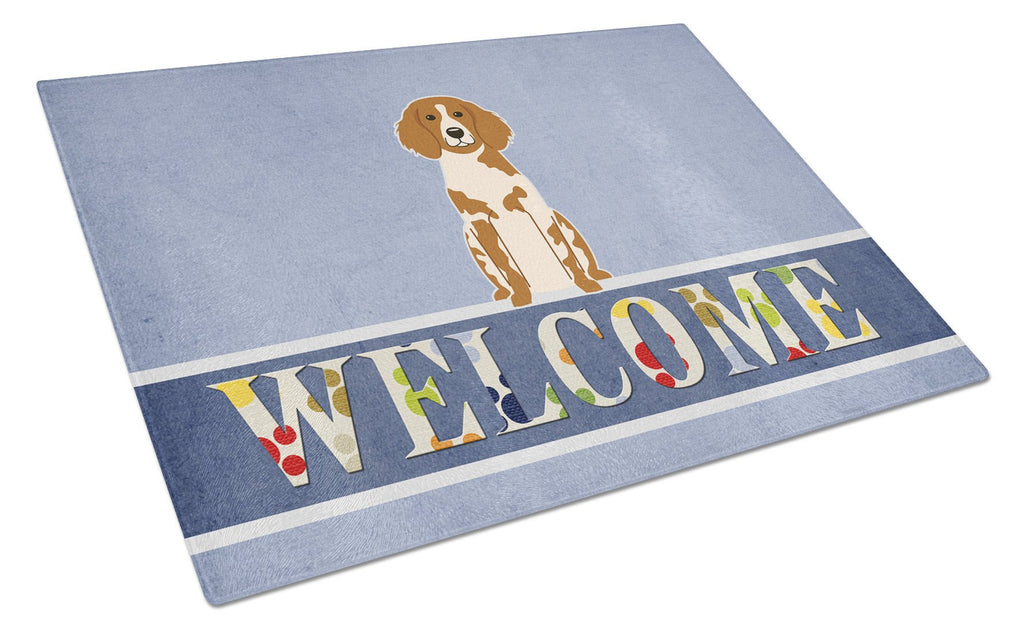 Brittany Spaniel Welcome Cutting Board Tempered Glass Kitchen Cutting Surface, Heat Resistant Chopping, Non-Slip Feet, Food Prep & Serving