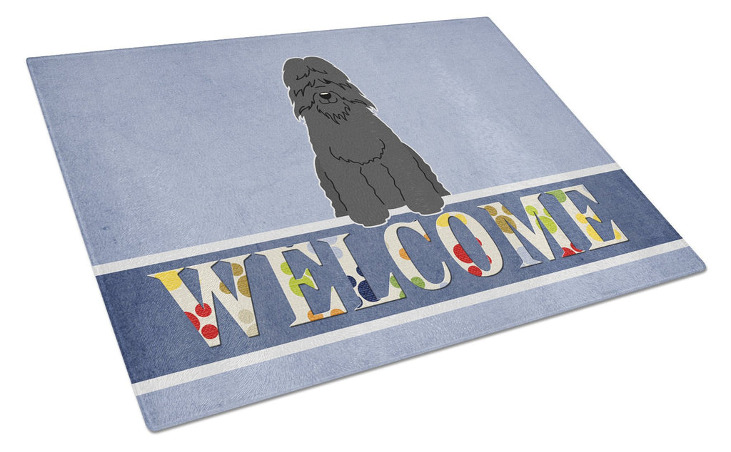 Bouvier des Flandres Welcome Cutting Board Tempered Glass Kitchen Cutting Surface, Heat Resistant Chopping, Non-Slip Feet, Food Prep & Serving